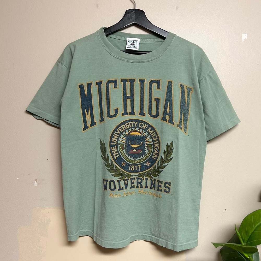 Vintage 90s Galt Sand Michigan Wolverines Sage Green Shirt Mens Small